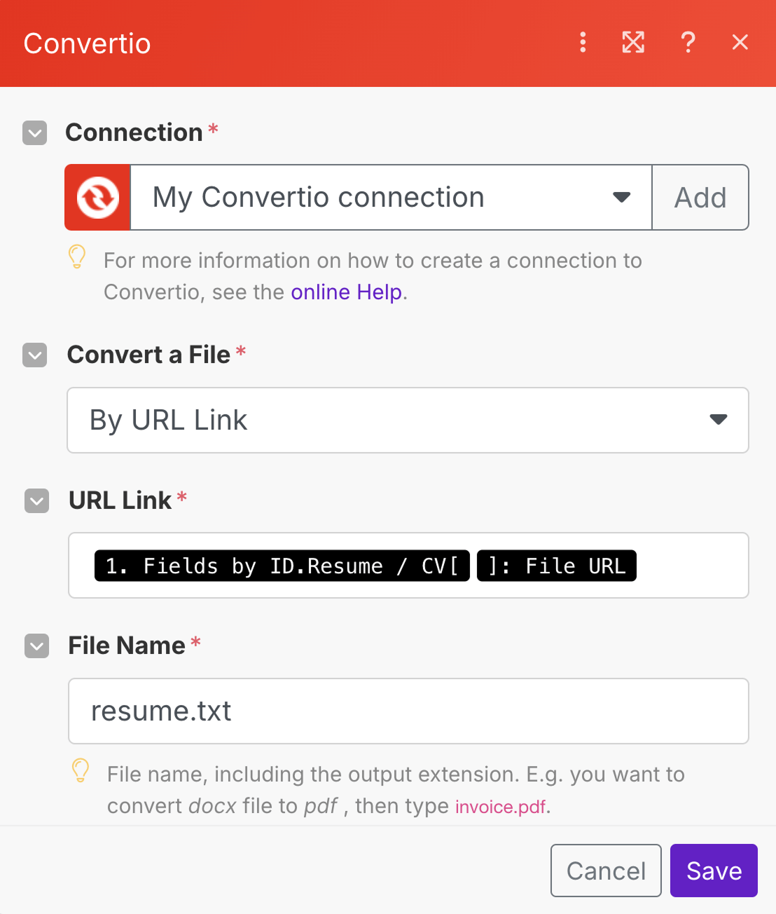 Configuring the URL Link and File Name fields