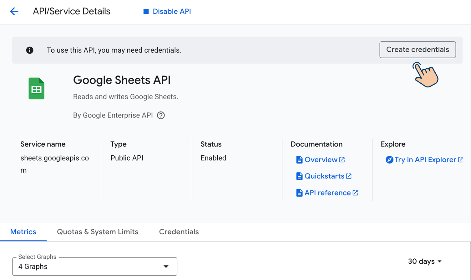 Google Sheets API "Create Credentials" button