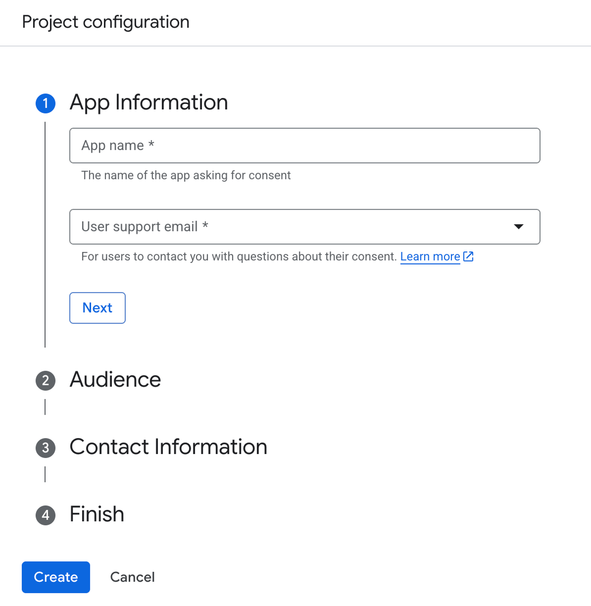 Project configuration screen for generating Google API credentials