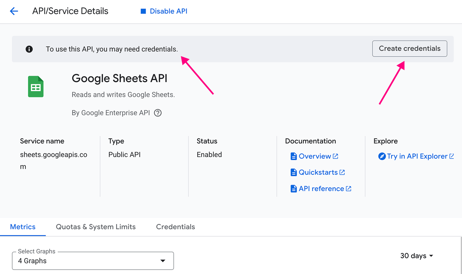 Google Sheets API Management Screen