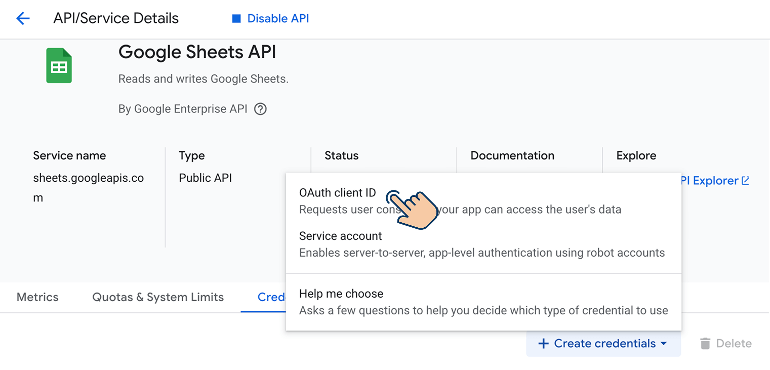 Options of "Create Credentials" pop-up
