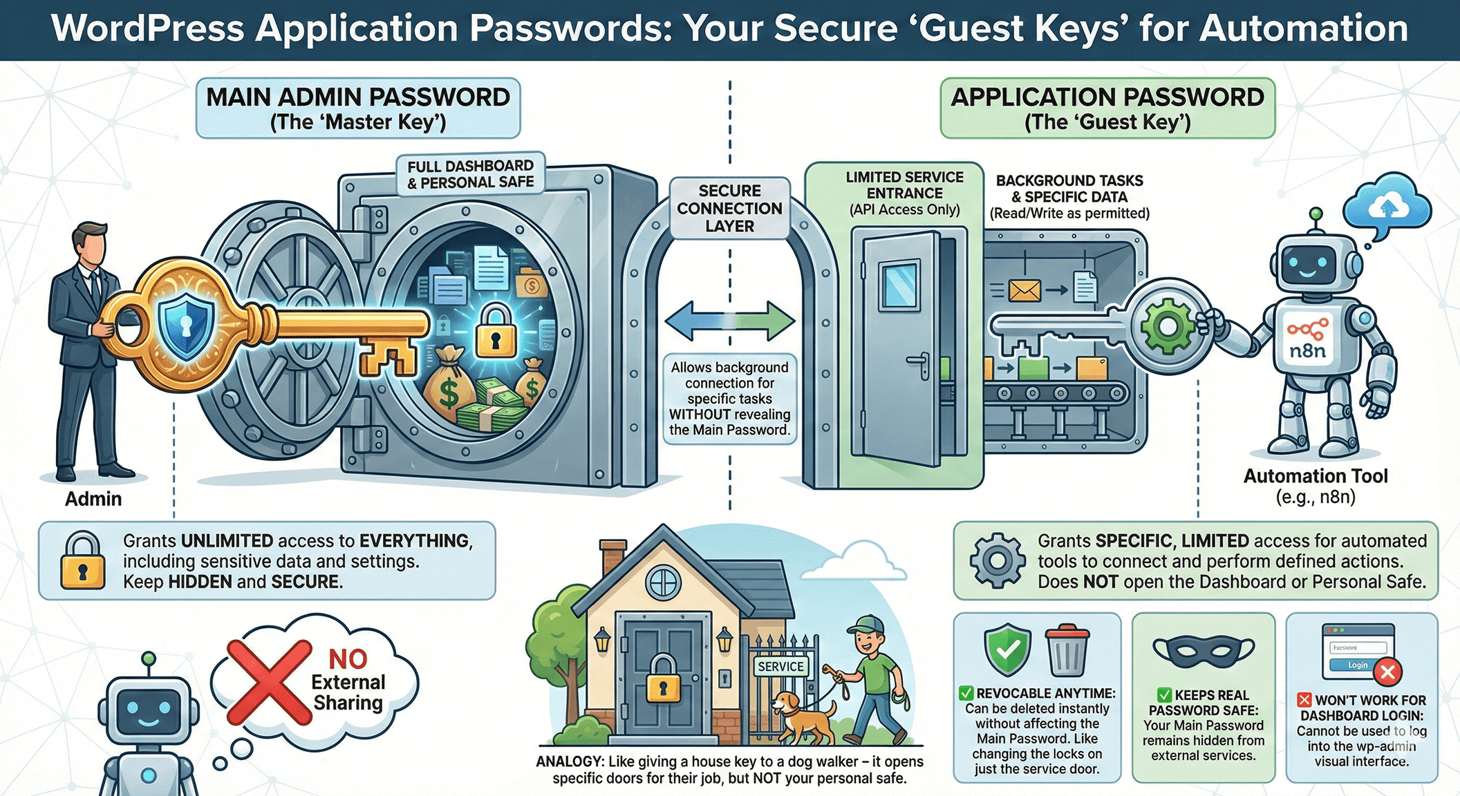 Infographic explaning the different between Main password versus application password for an WordPress site's admin account