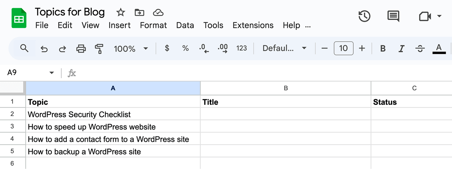 Spreadsheet with topics for n8n-based article generation