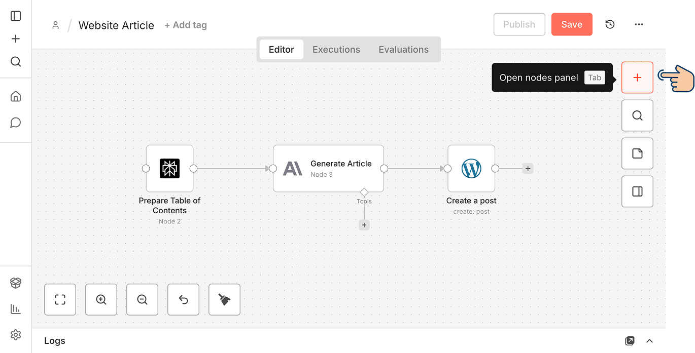 Button for opening up n8n node's panel